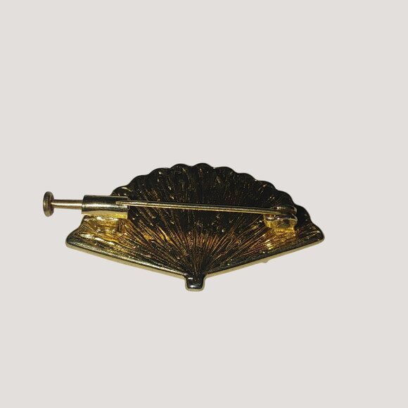 Vintage Damascene Brooch Small Gold Tone Black Enamel Fan Bird Floral Design - Picture 7 of 16